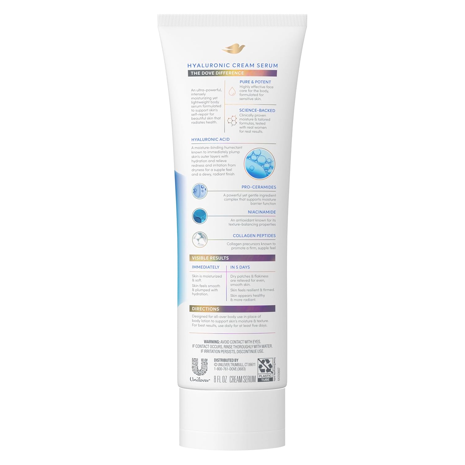 Sérum en crème Dove à l'acide hyaluronique + hydratation pour peaux très sèches et squameuses, avec pro-céramides, niacinamide et peptides de collagène, 236 ml