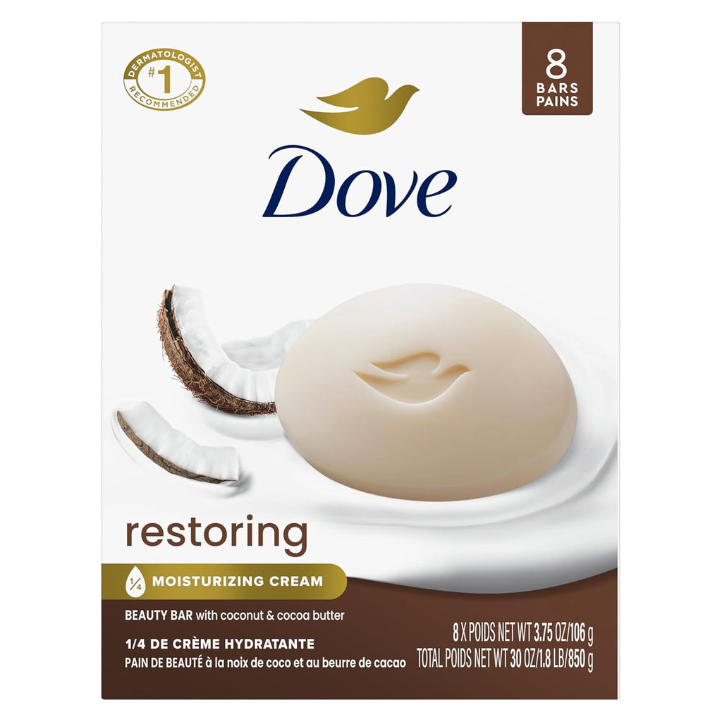 Pain de Toilette Dove Beauté Huile de Coco et Beurre de Cacao, 8 pains pour une peau restaurée, nourrit la peau 106 g