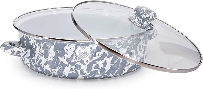 Golden Rabbit Non-Stick Enamelware 3 qt Saute Pan with Lid - Grey Swirl