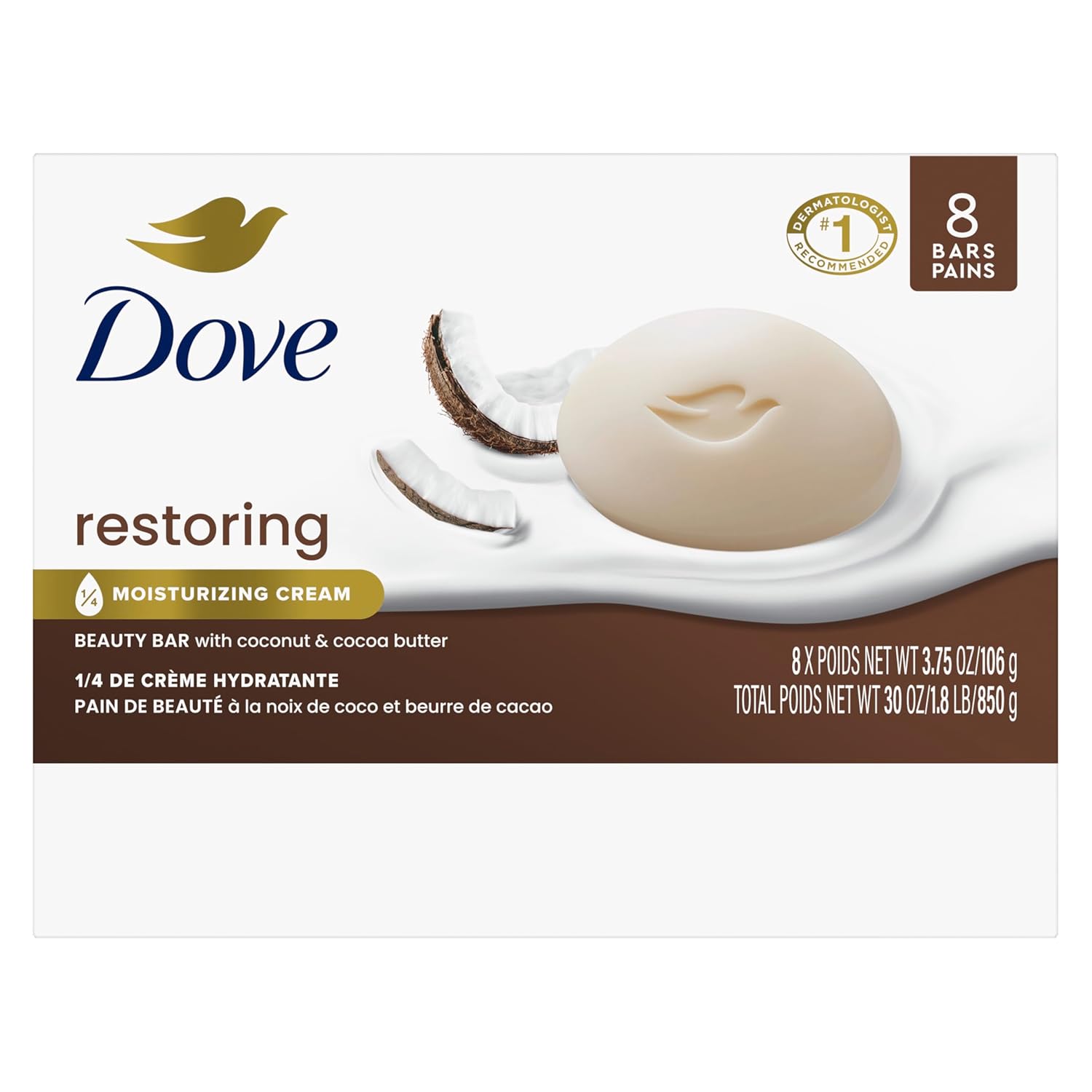 Pain de Toilette Dove Beauté Huile de Coco et Beurre de Cacao, 8 pains pour une peau restaurée, nourrit la peau 106 g