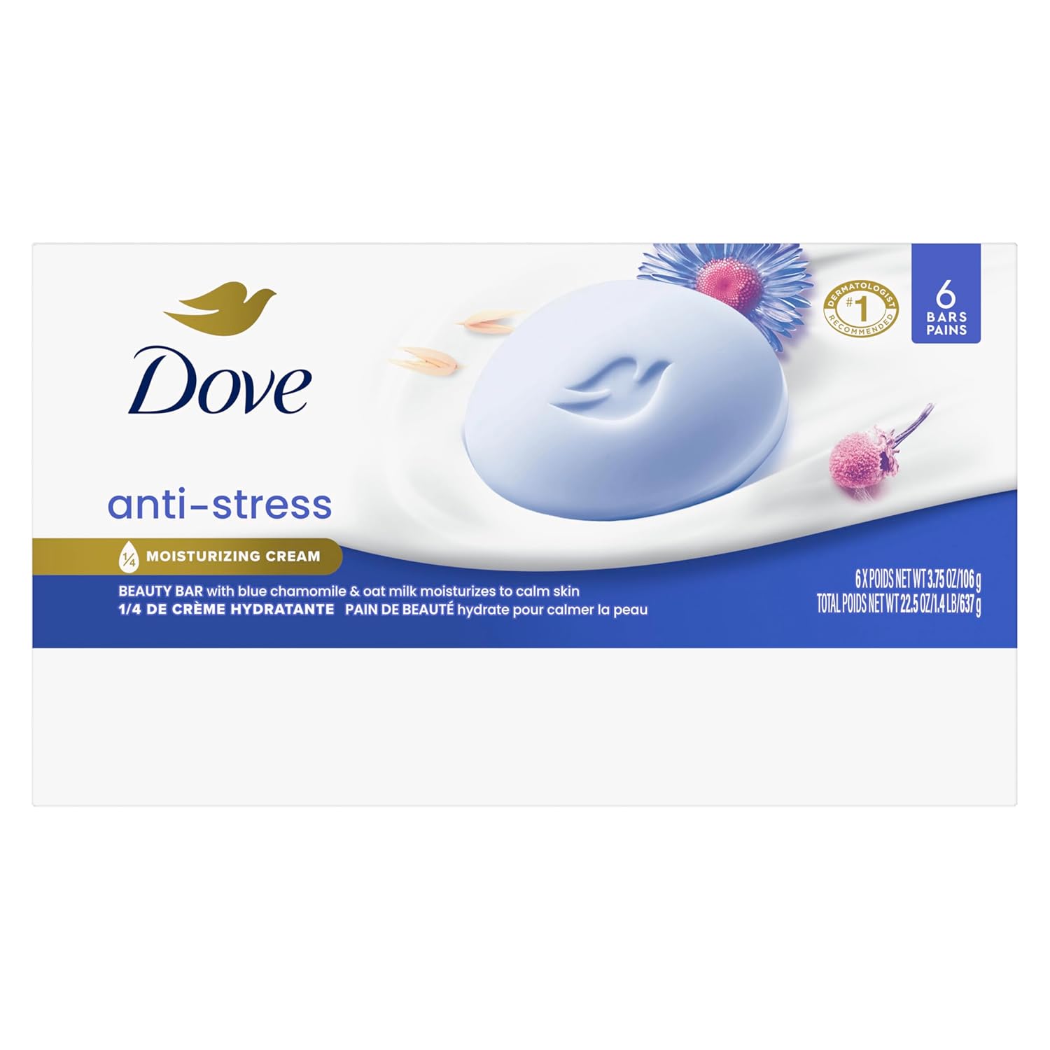 Pain de Toilette Douceur Dove Nettoyant Doux Anti-Stress Hydrate et Apaise la Peau Nettoyant Doux Enrichi d'1/4 de Crème Hydratante Lot de 6