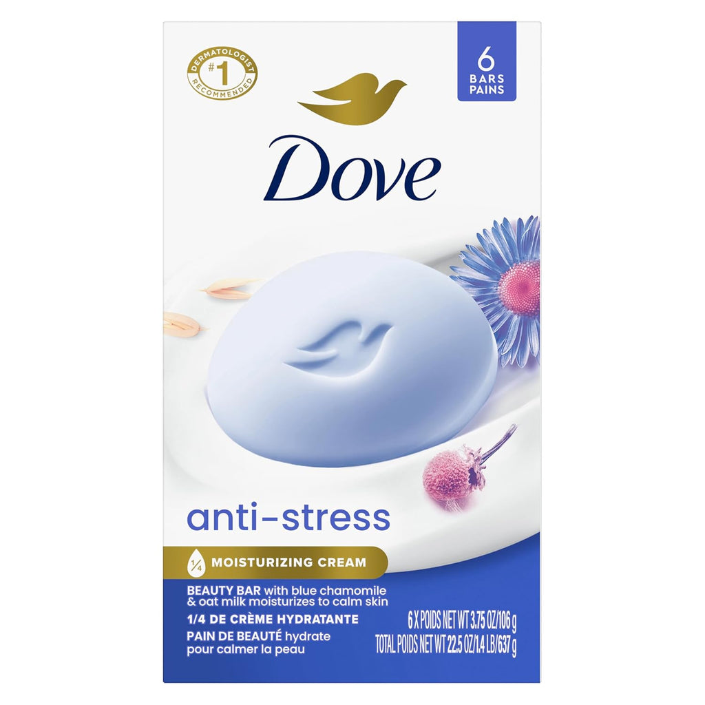 Pain de Toilette Douceur Dove Nettoyant Doux Anti-Stress Hydrate et Apaise la Peau Nettoyant Doux Enrichi d'1/4 de Crème Hydratante Lot de 6