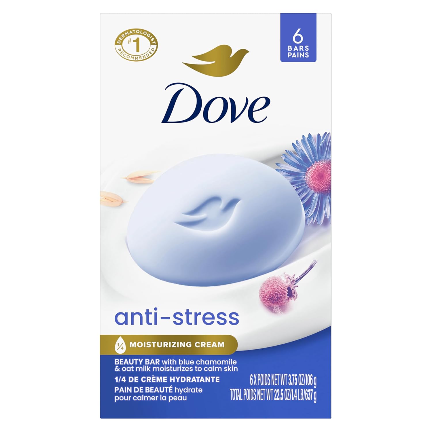 Pain de Toilette Douceur Dove Nettoyant Doux Anti-Stress Hydrate et Apaise la Peau Nettoyant Doux Enrichi d'1/4 de Crème Hydratante Lot de 6