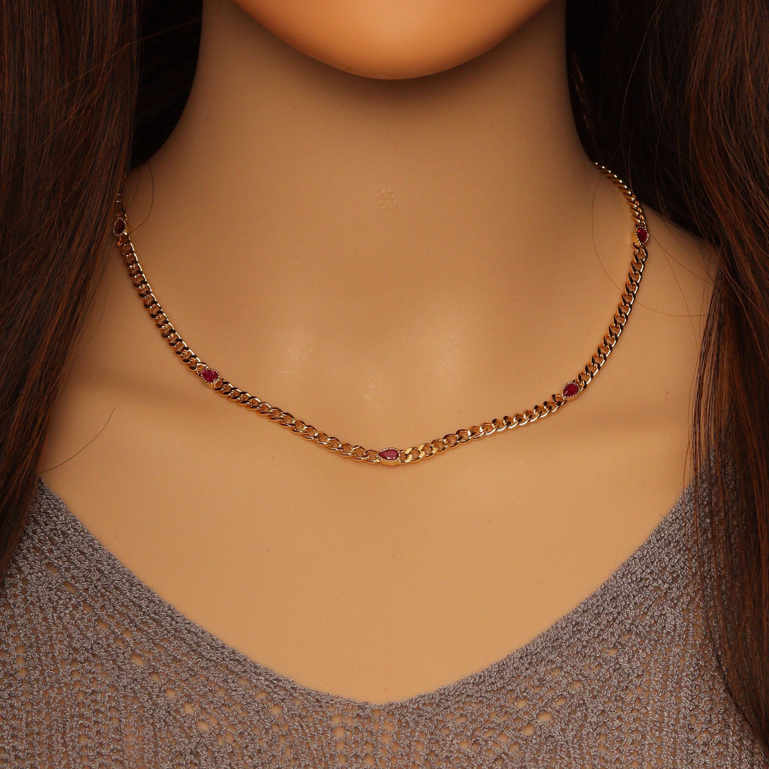 Red Black Teardrop shape CZ Link Chain Necklace, sku#LX253