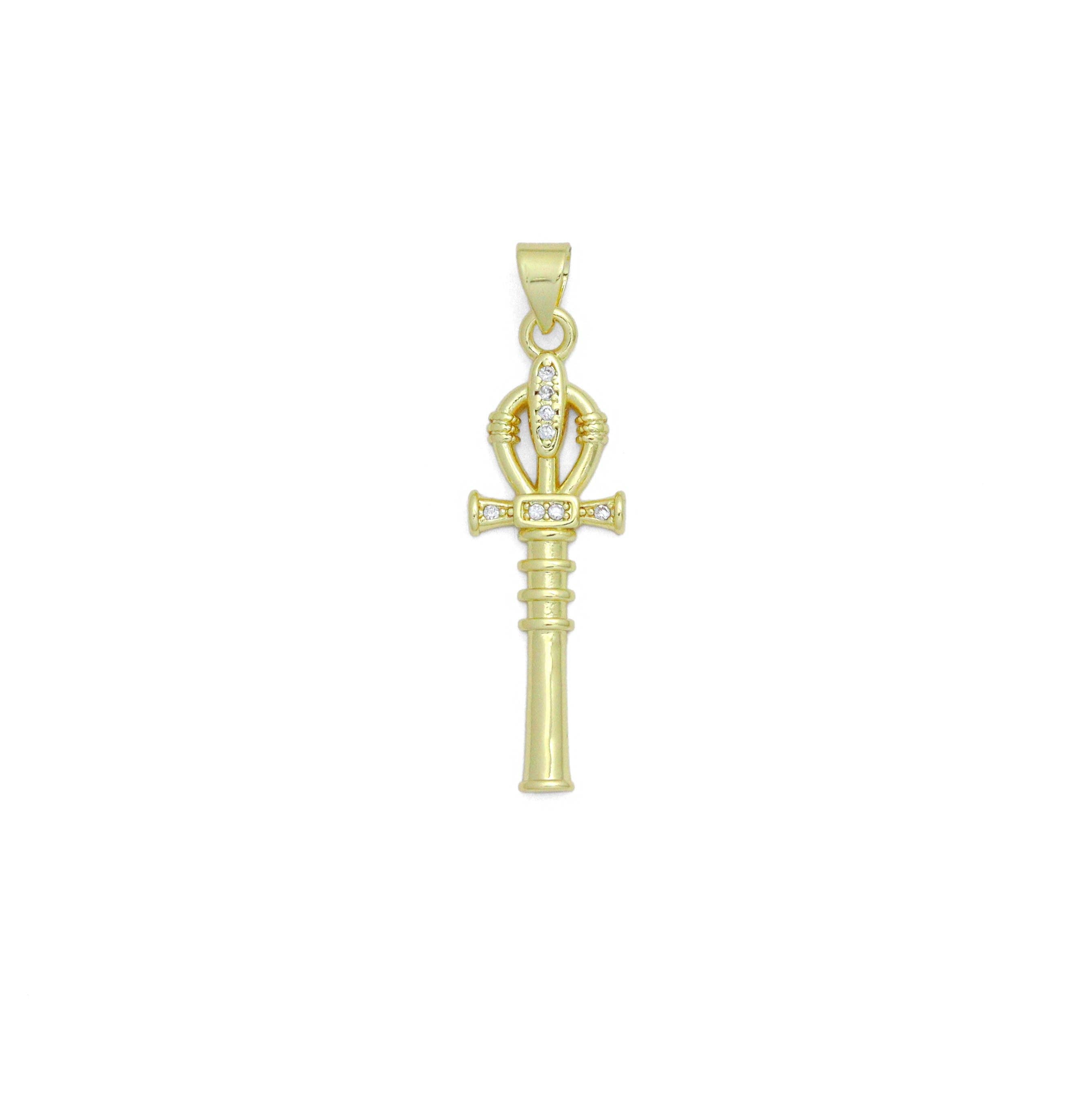 Clear CZ Gold Magic Stick Cross Key Charm Pendant, Sku#LK1164