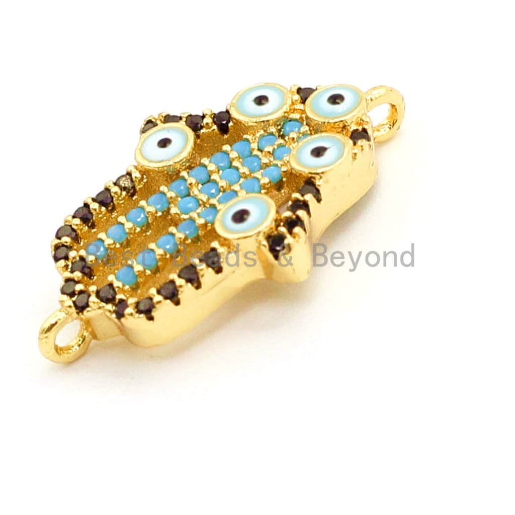 CZ Micro Pave Turquoise Hollow Evil Eye Hamsa Hand Connector, Cubic Zirconia Space Connector,13x21mm, sku#E10