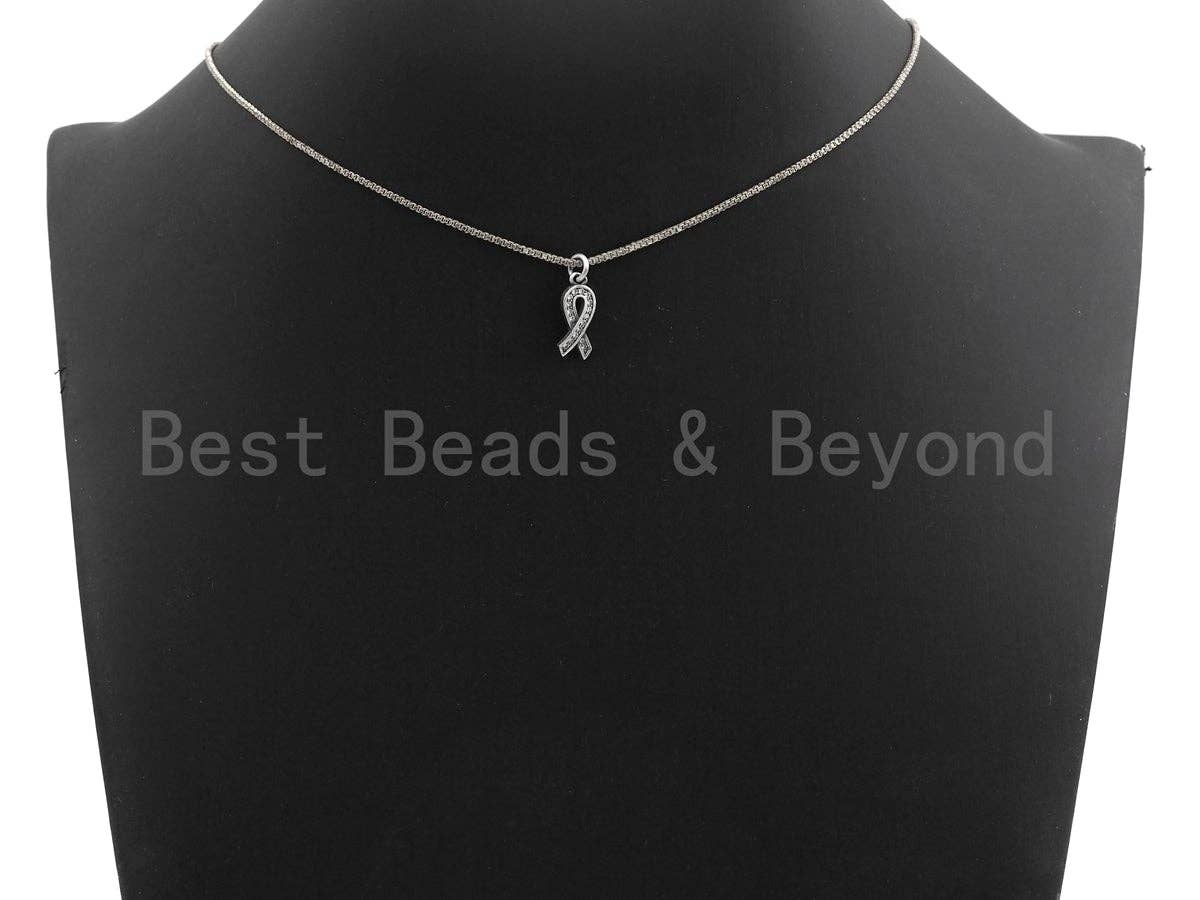 Rhidium CZ Micro Pave Breast Cancer Awareness Ribbon Charm, AIDS Care Cubic Zirconia Pendant Charm, Antique Silver Color, 6x16mm,sku#X117