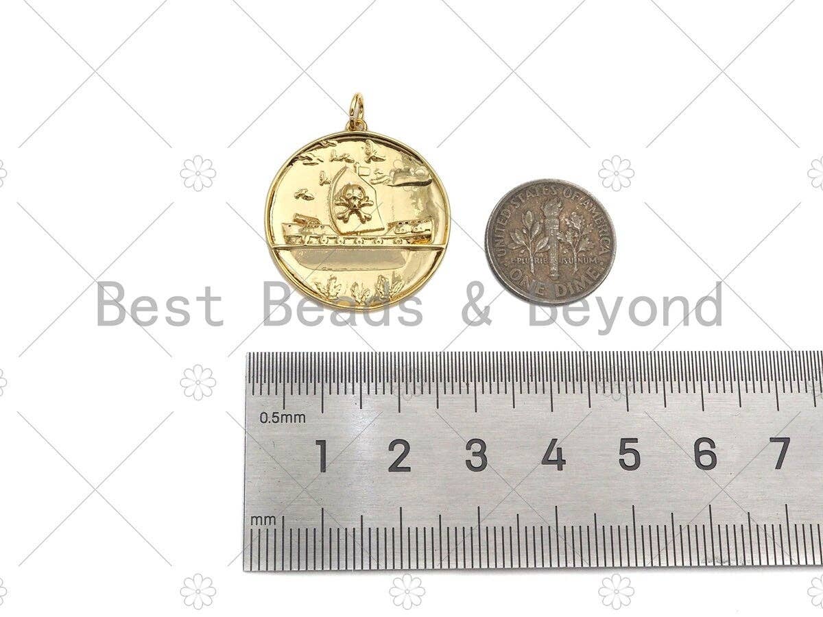 18k Dainty Gold Skull On Round Coin Charms, Gold Medallion Charms,Round Necklace Charms,25x28mm, Sku#Y410