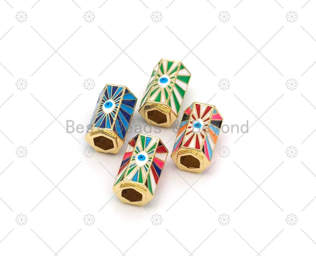 Colorful Enamel Evil Eye On Hexagon Shape Large Hole Tube Spacer Beads, 18K Gold Filled Drum Barrel Beads,14x22mm, Sku#Y531