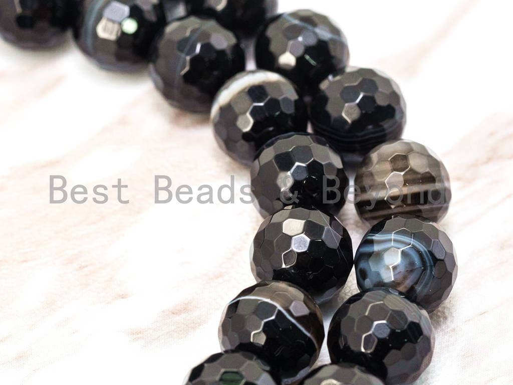 Natural Quality Banded Agate Faceted Beads, Banded Agate Round Faceted Beads, Black Banded Agate,15.5" Full strand,SKU#Q7