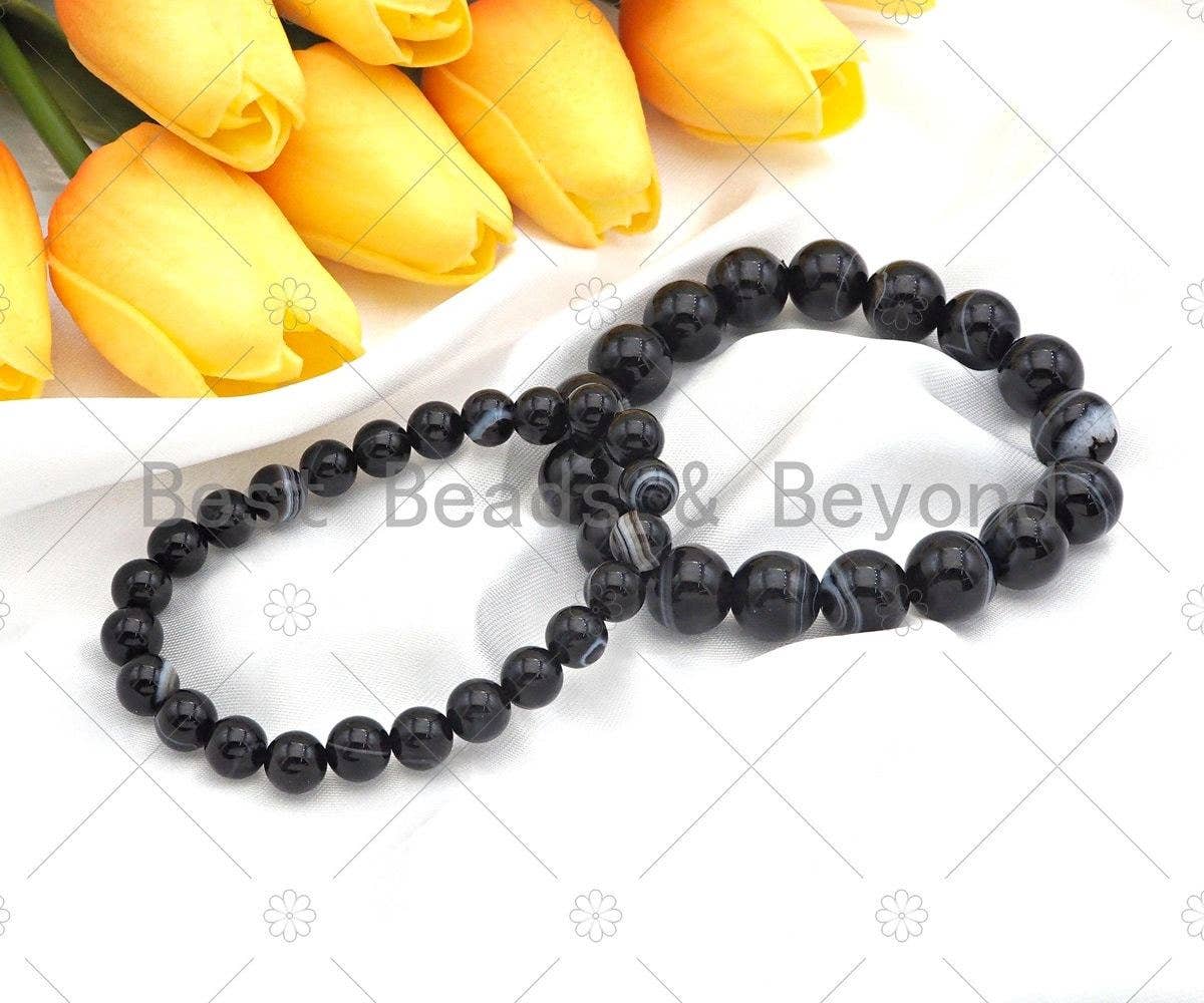 Natural Black White Banded Agate Stretchy Bracelet, Sku#EF22