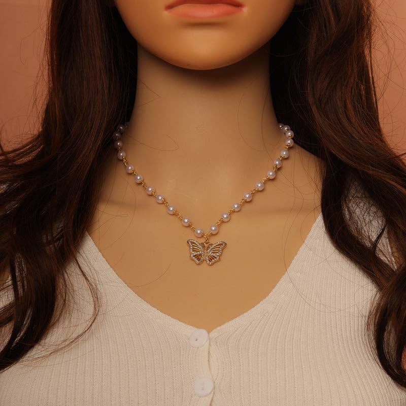 Gold Pearl ButterflyNecklace,sku#EF286