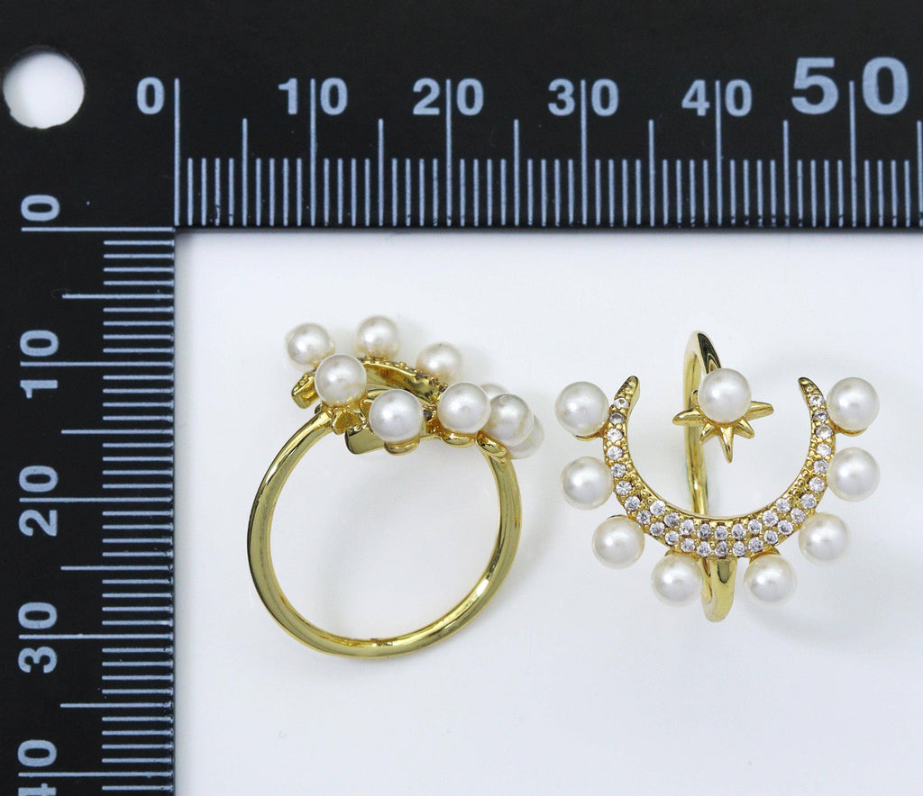 CZ Crescent Moon North Star Pearl Adjustable Ring, Sku#O104