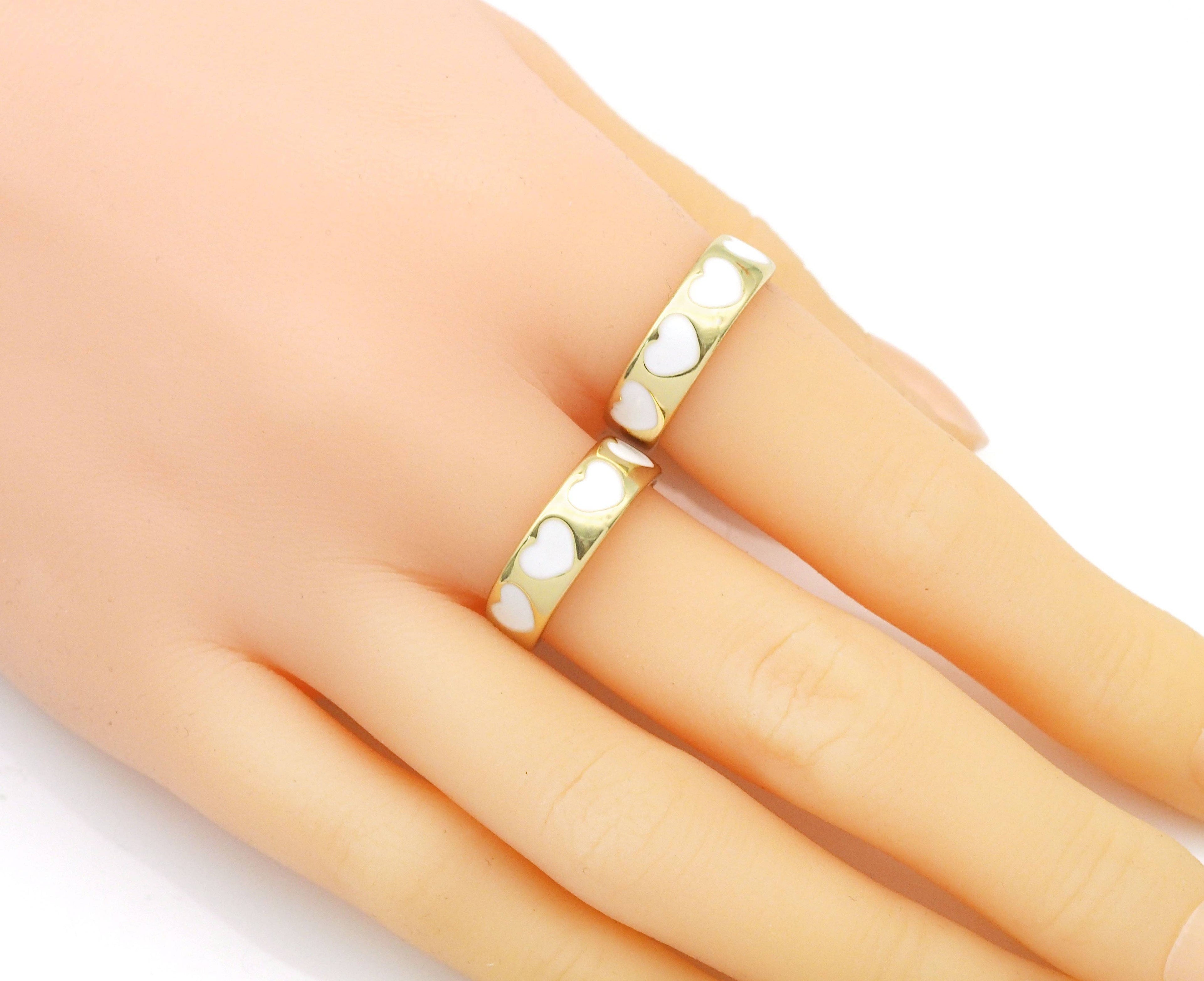 Gold White Heart On Round Adjustable Ring, Sku#LD365