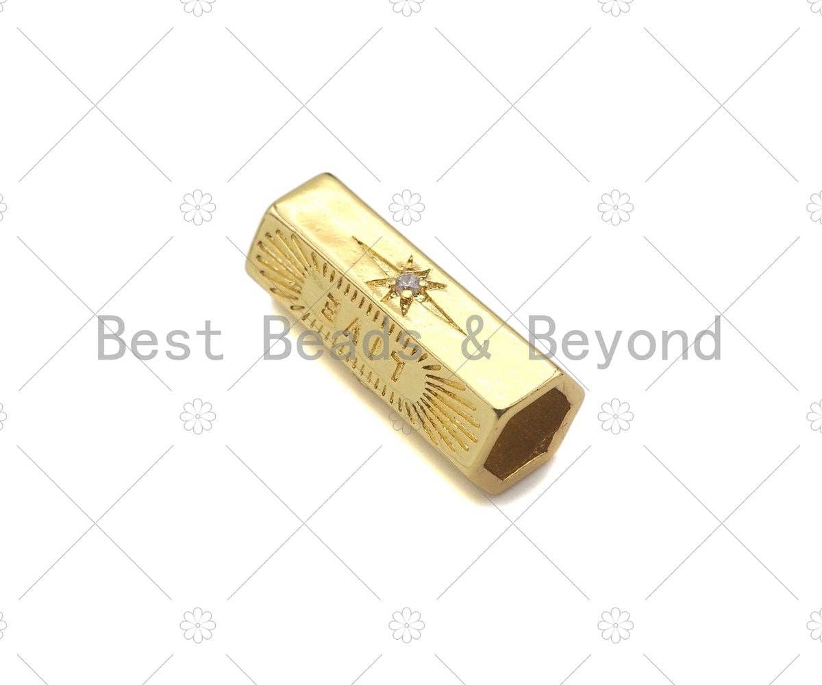 18K Dainty Gold  Live Word North Star On Hexagon Shape Large Hole Tube Spacer Beads,Drum Barrel Beads, Clear CZ Tube Spacer,8x21mm, Sku#Y414