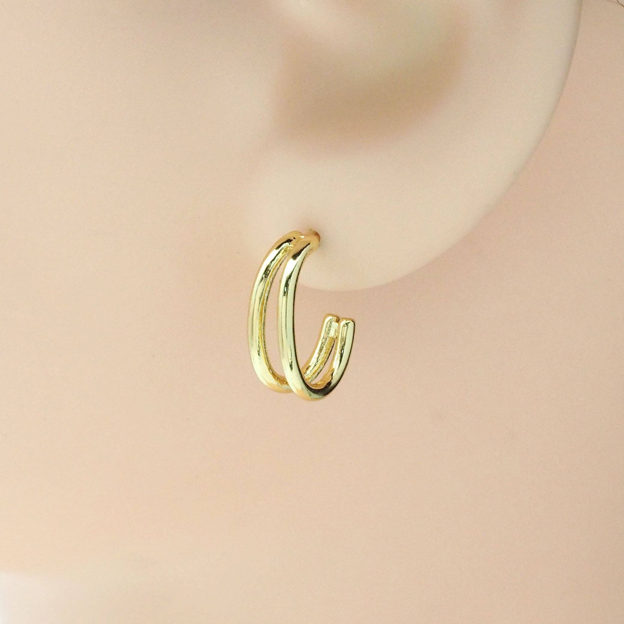 Gold Cute Double line Oval Hoop Stud Earrings, Sku#LK814