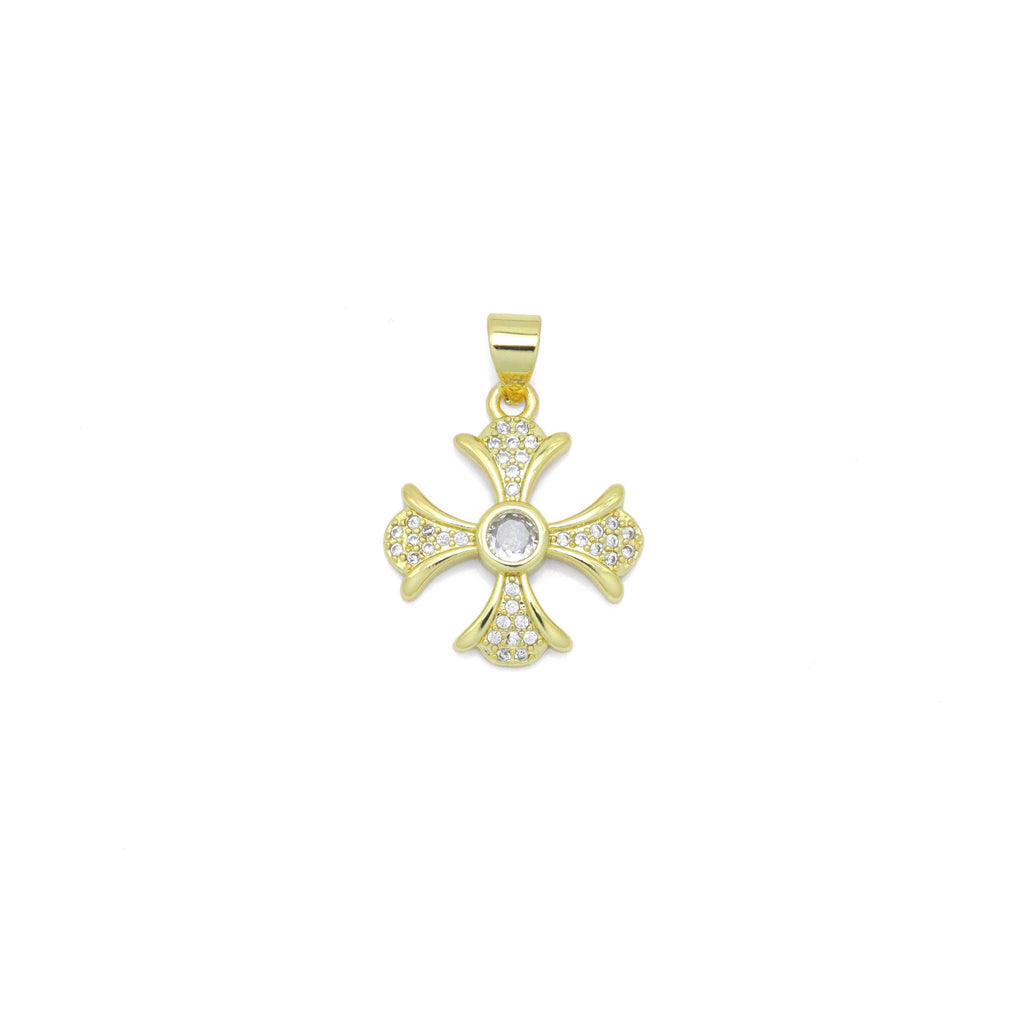 Gold Clear CZ Cross Flower Charm Pendant, Sku#LK986