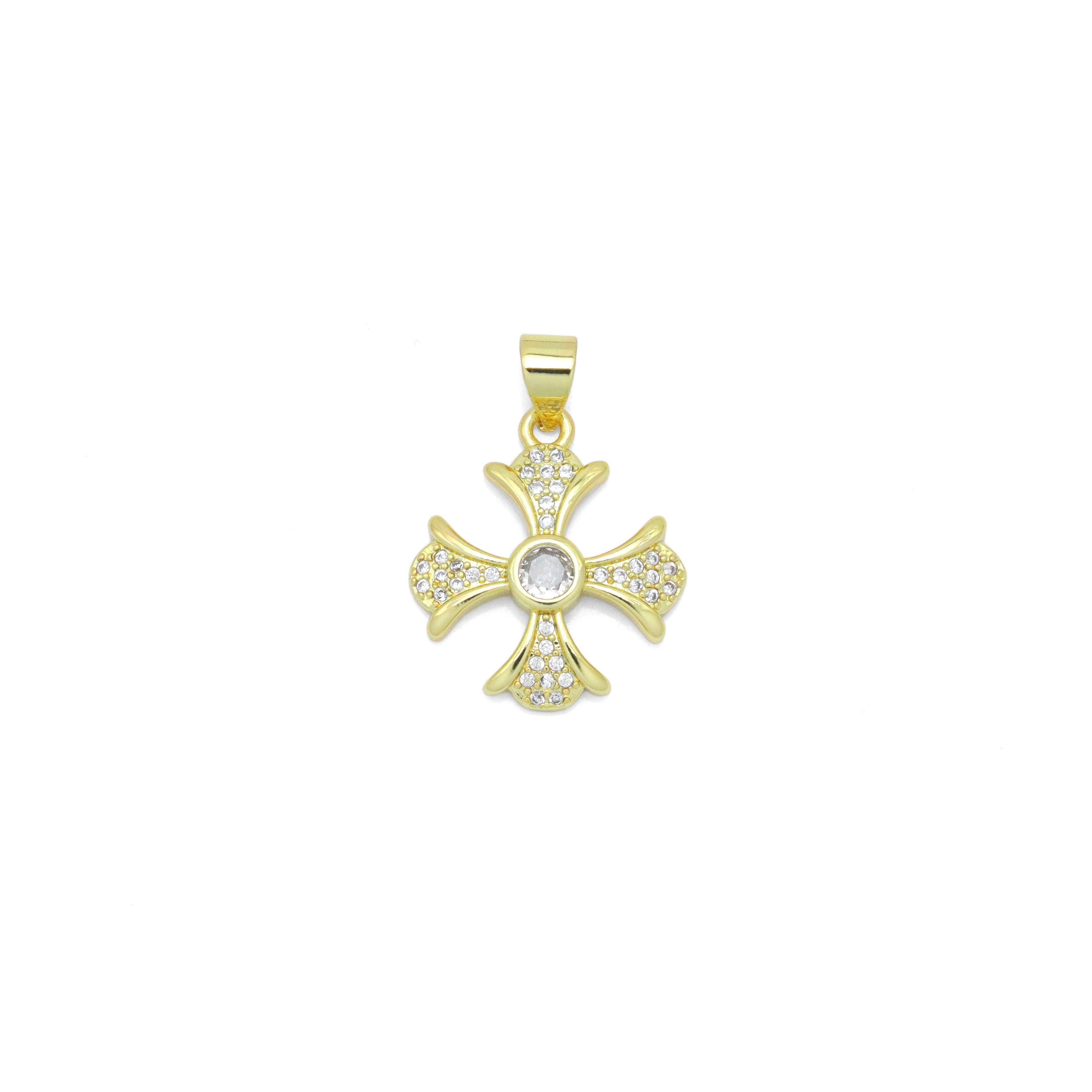 Gold Clear CZ Cross Flower Charm Pendant, Sku#LK986
