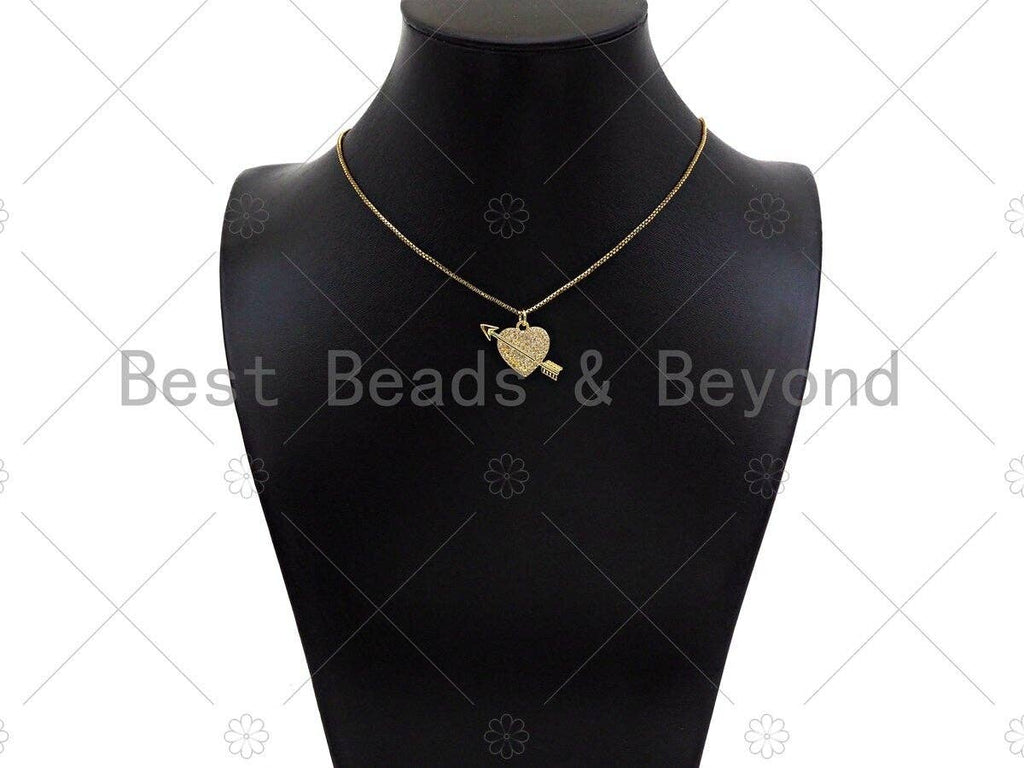CZ Micro Pave Cupid Arrow On Heart Shape Pendant,Cubic Zirconia Dainty Gold Charm, Necklace Bracelet Charm Pendant,25x18mm, Sku#LK271