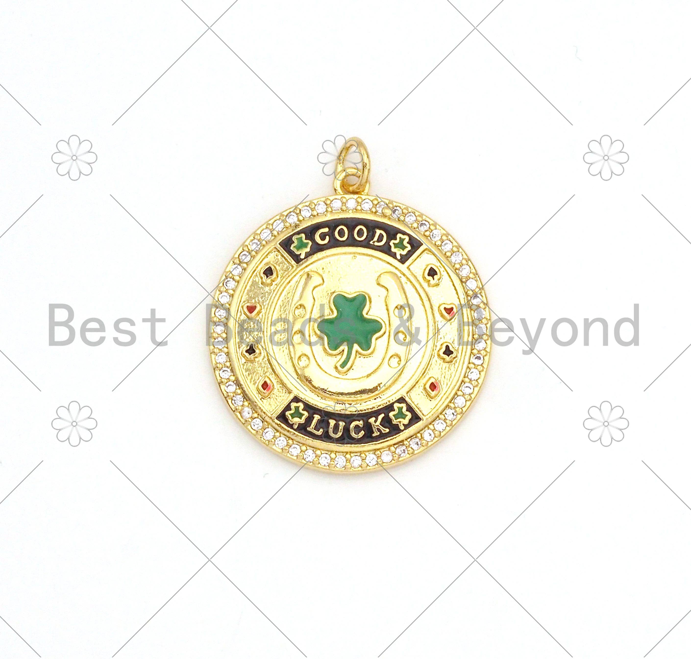 CZ Micro Pave Green Enamel Leaf  On Round Medallion Shape Pendant,18K Gold Filled Good Luck Charm, Necklace Bracelet Charm,25x28mm,Sku#LK380