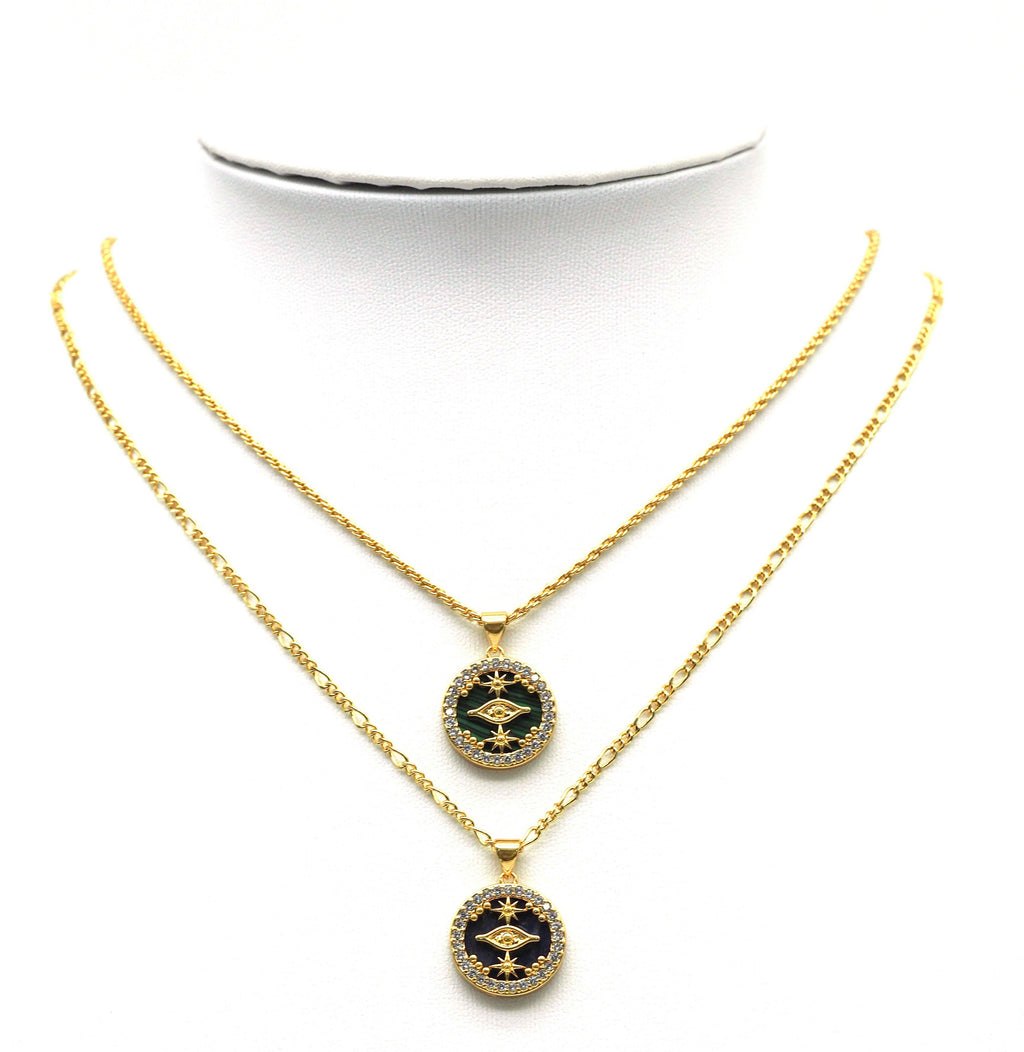 CZ Evil Eye On Gemstone Round Coin Charm, Sku#LX75