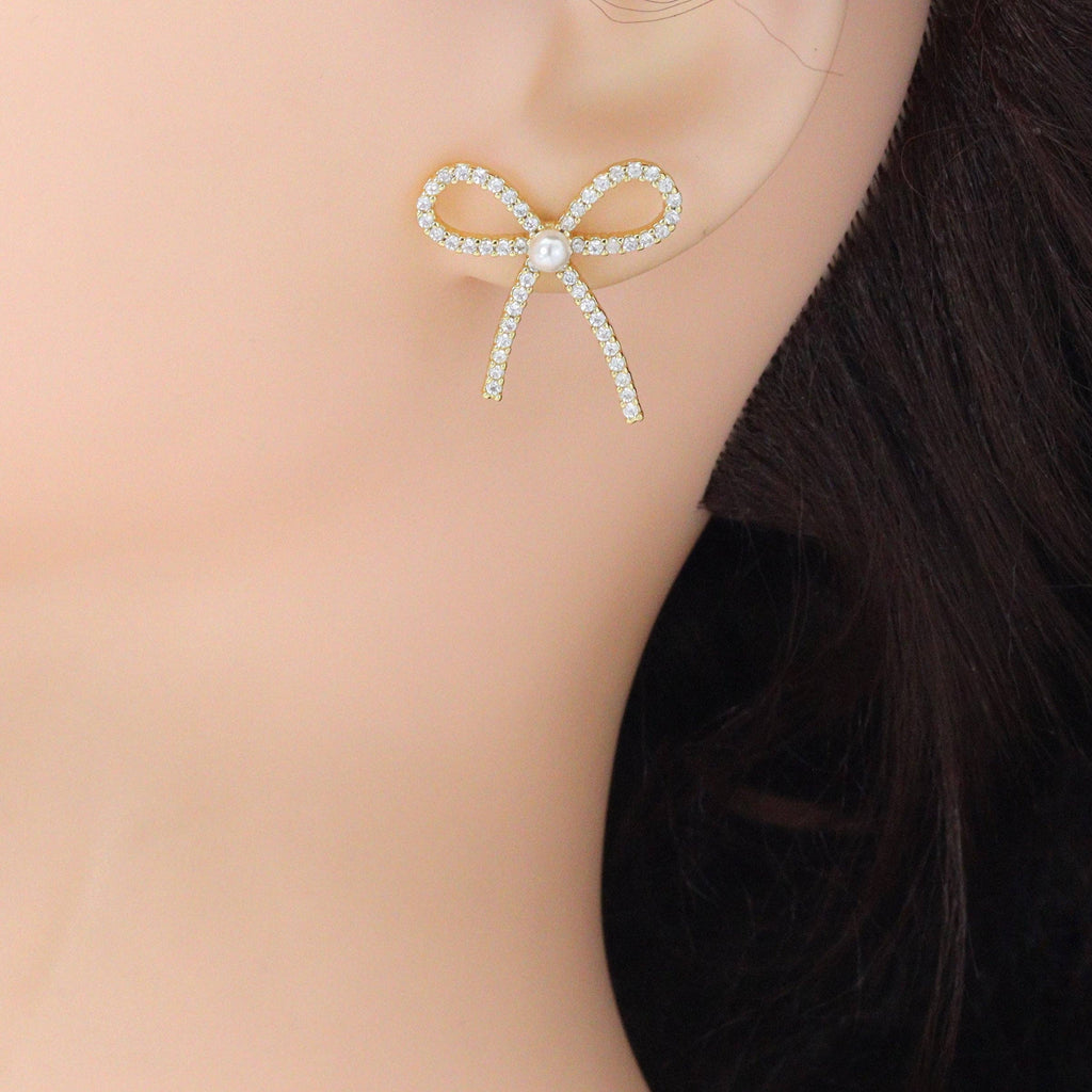 White Pearl Gold Bowknot Star Fish Stud Earring,Sku#LD747