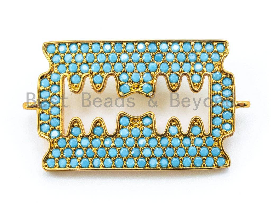 CZ Turquoise Micro Pave Razor Blade Connector, Blue CZ Pave in Gold, Silver, Black, Rose Gold Finish Charm, Bracelet Charm,15x26mm, sku#M20