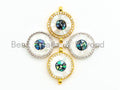 CZ Micro Pave Evil Eye Round Connector with Abalone Pearl Shell, Cubic Zirconia Space Connector, CZ Abalone Stone Charm 13x17mm, 1pc,SKU#Z29