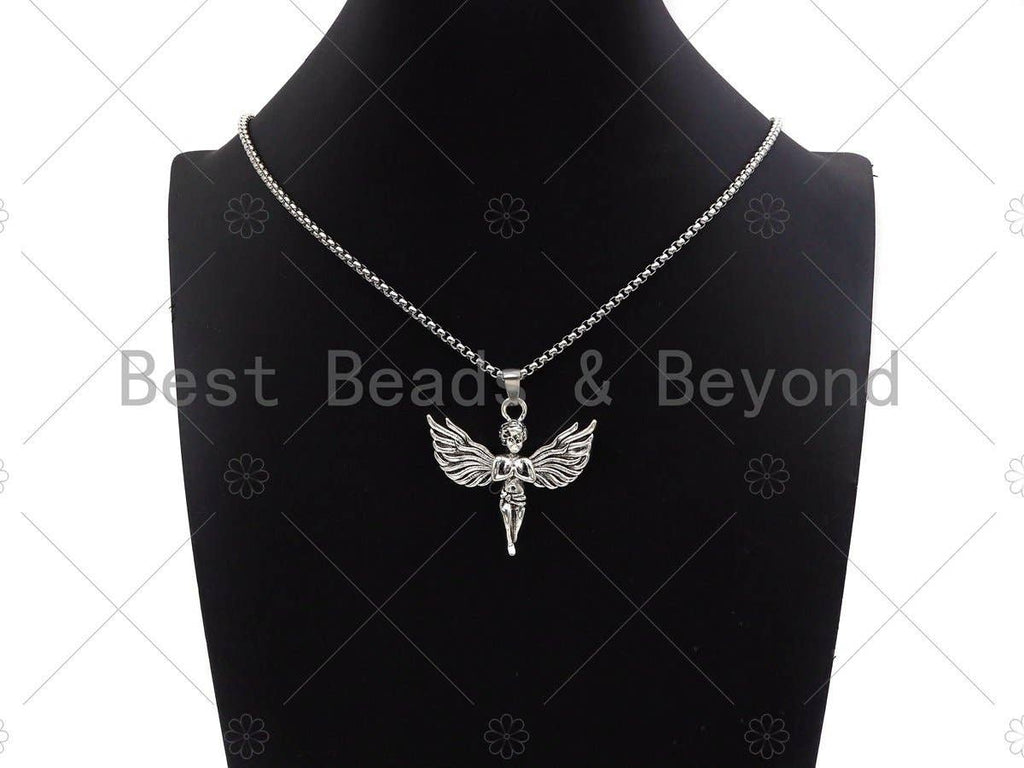 Protecion Angel Pendant Stainless Steel Necklace-Men's Necklace - Symbolic Jewelry - Silver Chain Pendant Necklace, sku#L345