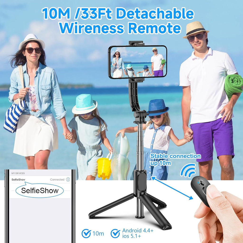 Selfieshow Selfie Stick, Extendable Selfie Stick Tripod with Wireless Remote and Tripod Stand, Portable, Lightweight, Compatible with Iphone 15 14 13 12 Pro Xs Max X 8Plus, Samsung Smartphone and More