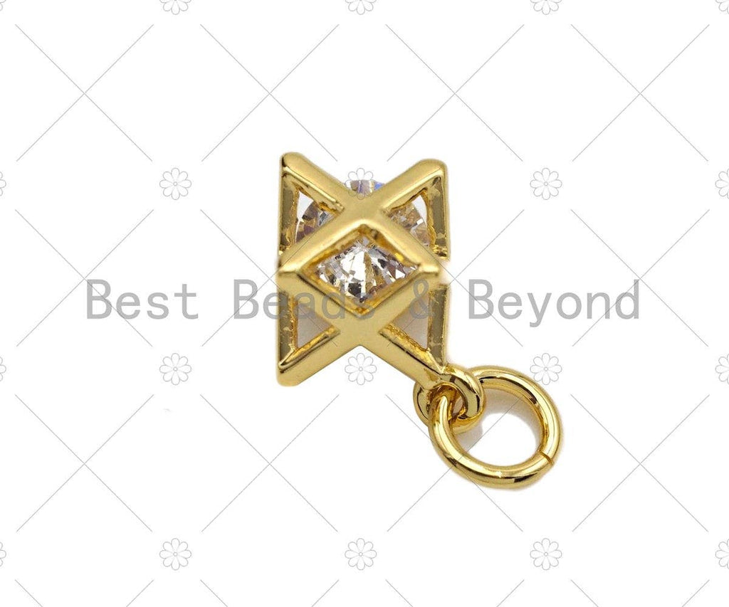 3D Gold Star With Big CZ Charms, Star Cage Pendant, Star Cage Necklace Bracelet Charms, 10x12mm, Sku#Y272
