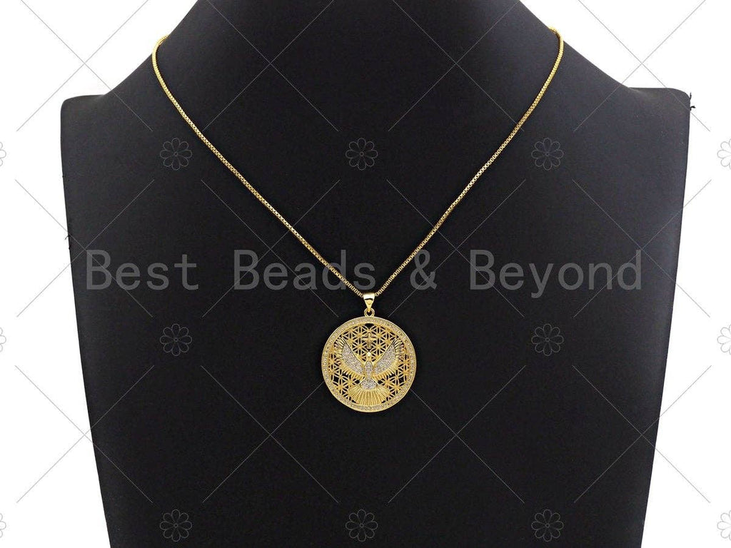 18K Gold Hollow Out Tercel On Round Coin Shape Pendant, Eagle Round Charm, Animal Pave Pendant, Gold plated,mm, Sku#LK53