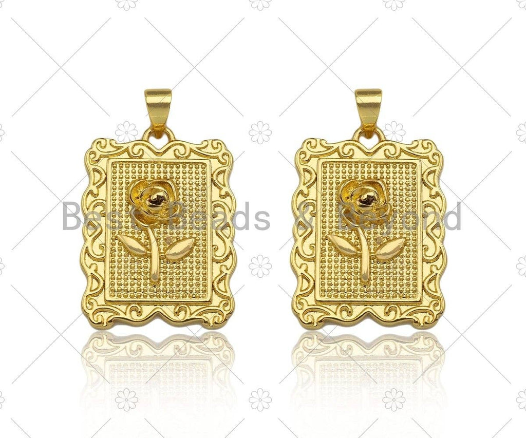 18K Dainty Gold Rose Flower Rectangle Charm, sku#LK231