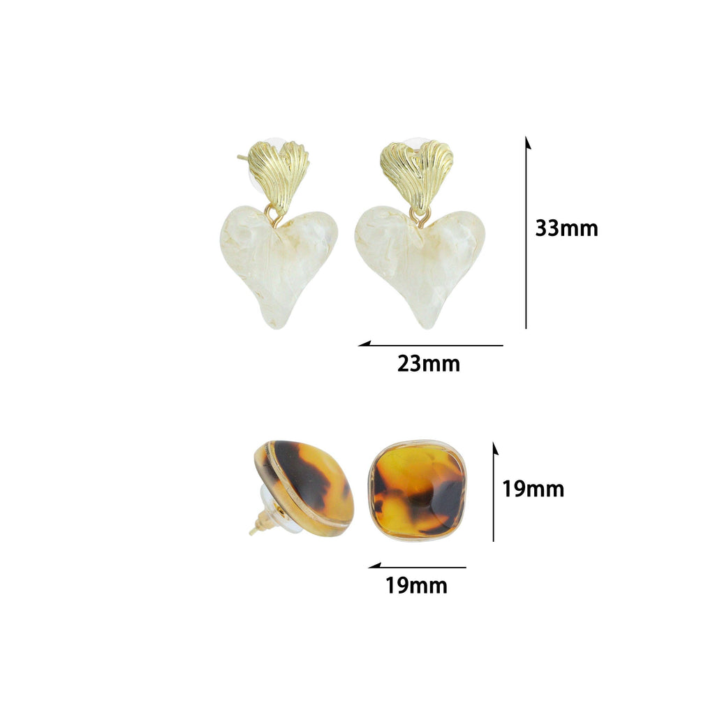 White Heart Brown Square Statement Earrings, Sku#O122