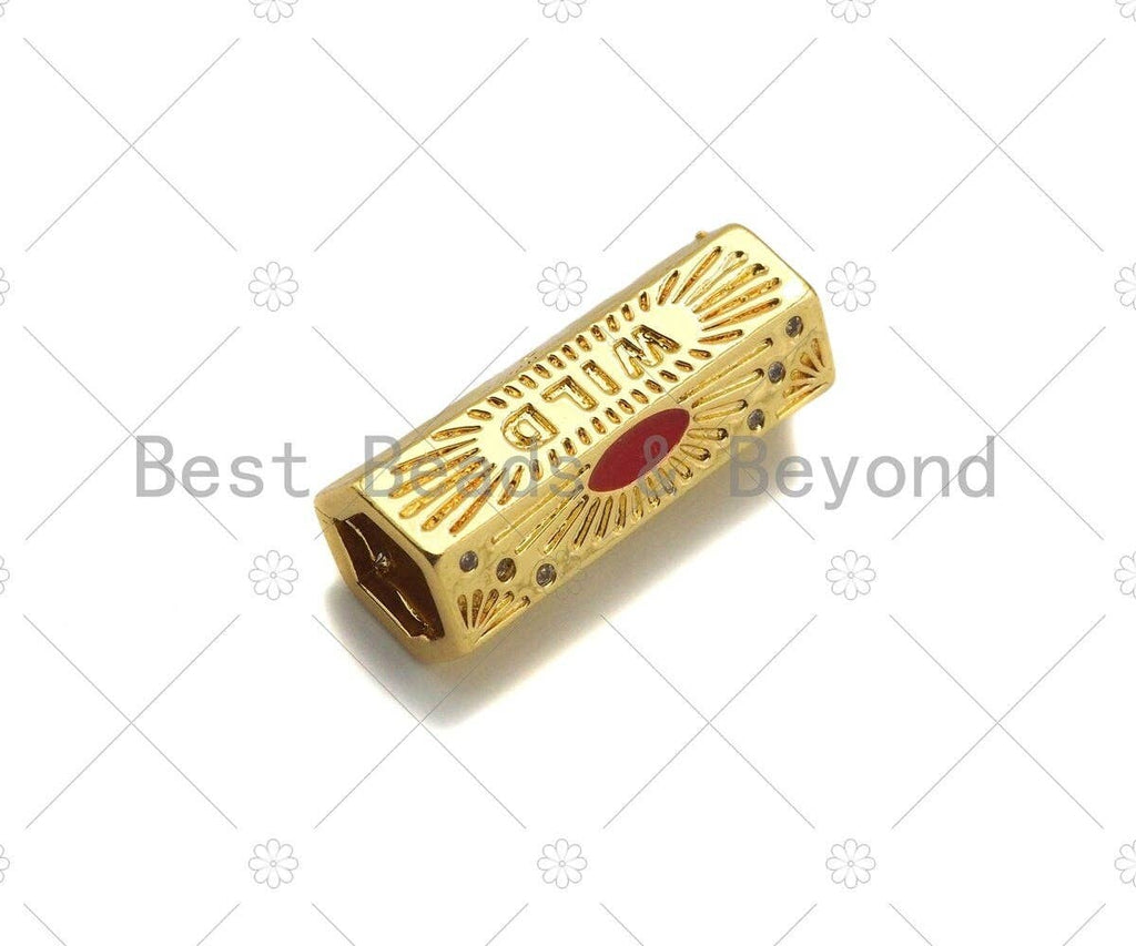 18K Dainty Gold  Wild  Word with Sun Shape On Hexagon Large Hole Tube Spacer Beads,Drum Barrel Beads,Red Enamel Tube Spacer,8x22mm, Sku#Y415