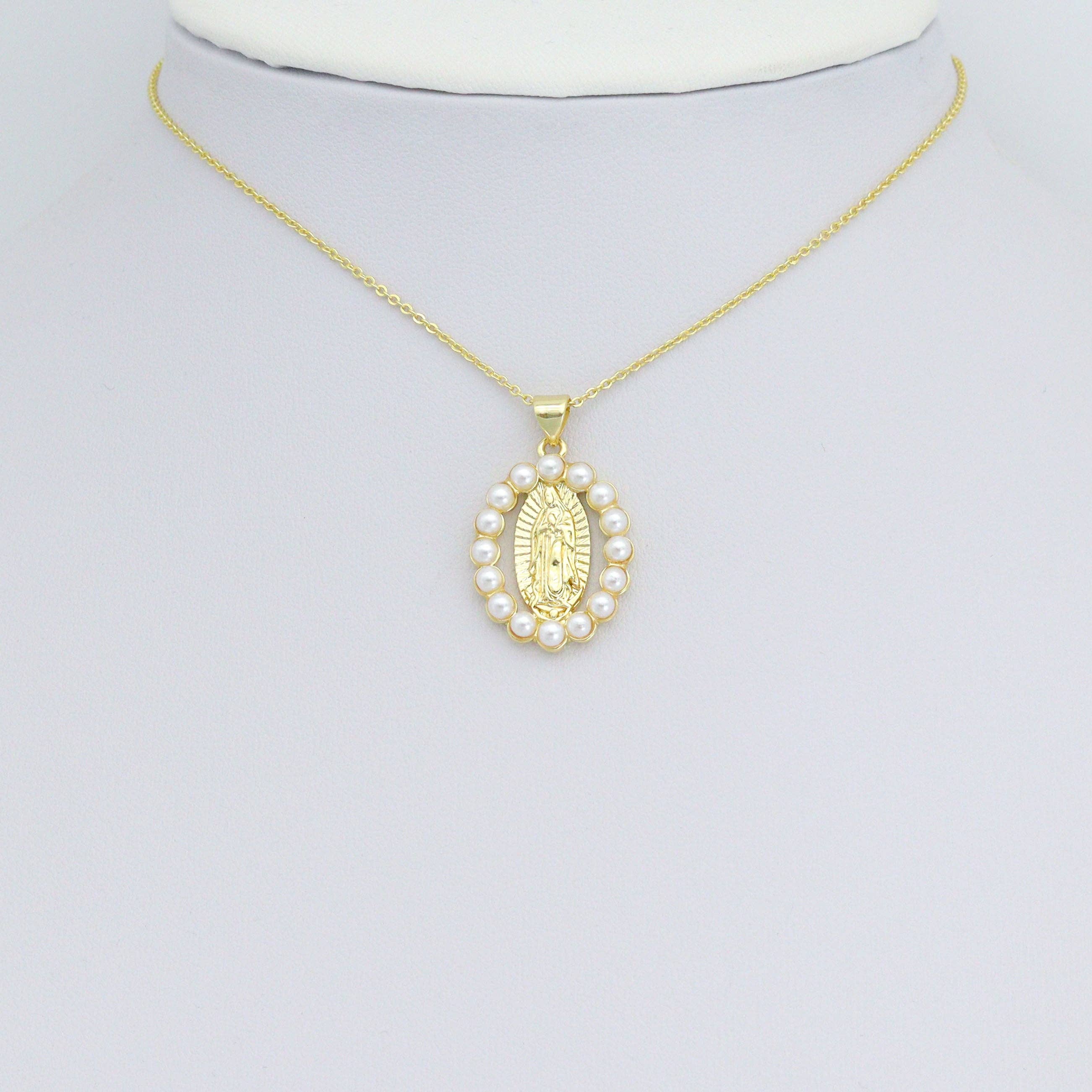 White Pearl Round Virgin Mary Oval Charm Pendant, Sku#LD703