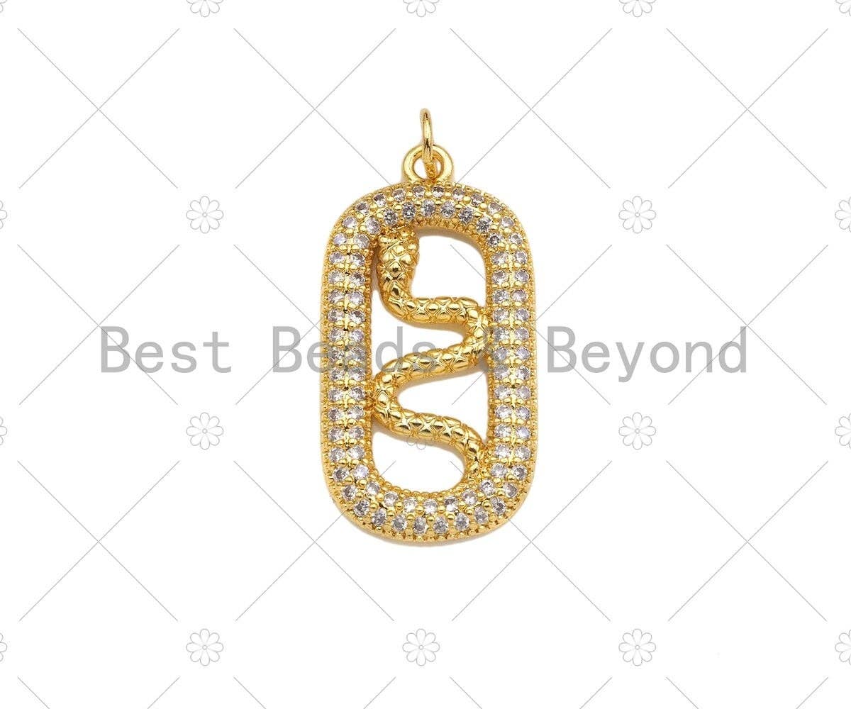 CZ Micro Pave Snake On Oval Shape Pendant/Charm,Cubic Zirconia Gold Charm, Necklace Bracelet Charm Pendant,15x28mm, Sku#LD31