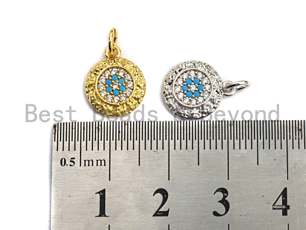 CZ Micro Pave Round Shape Turquoise Evil Eye Charm,Cubic Zirconia Round Charm/Pendant, Gold/Silver Tone,11x13mm,sku#Y226