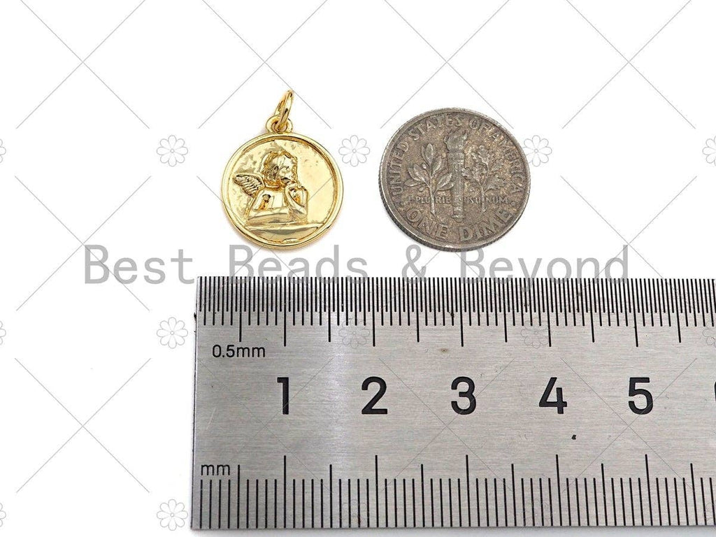 18k Dainty Gold Embossment Angle On Round Coin Charms, Dainty Charms, Gold Pendant, Round Necklace Charms, 14x17mm, Sku#Y384