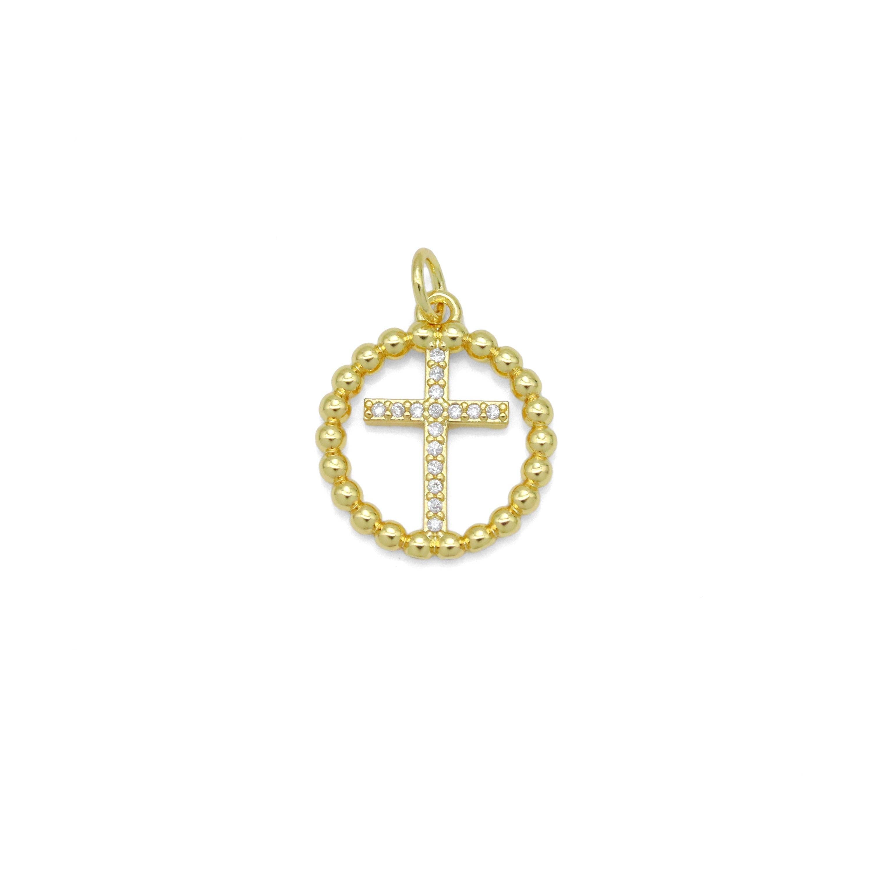 Clear CZ Gold Cross On Twisted Circle Pendant, Sku#Y1022