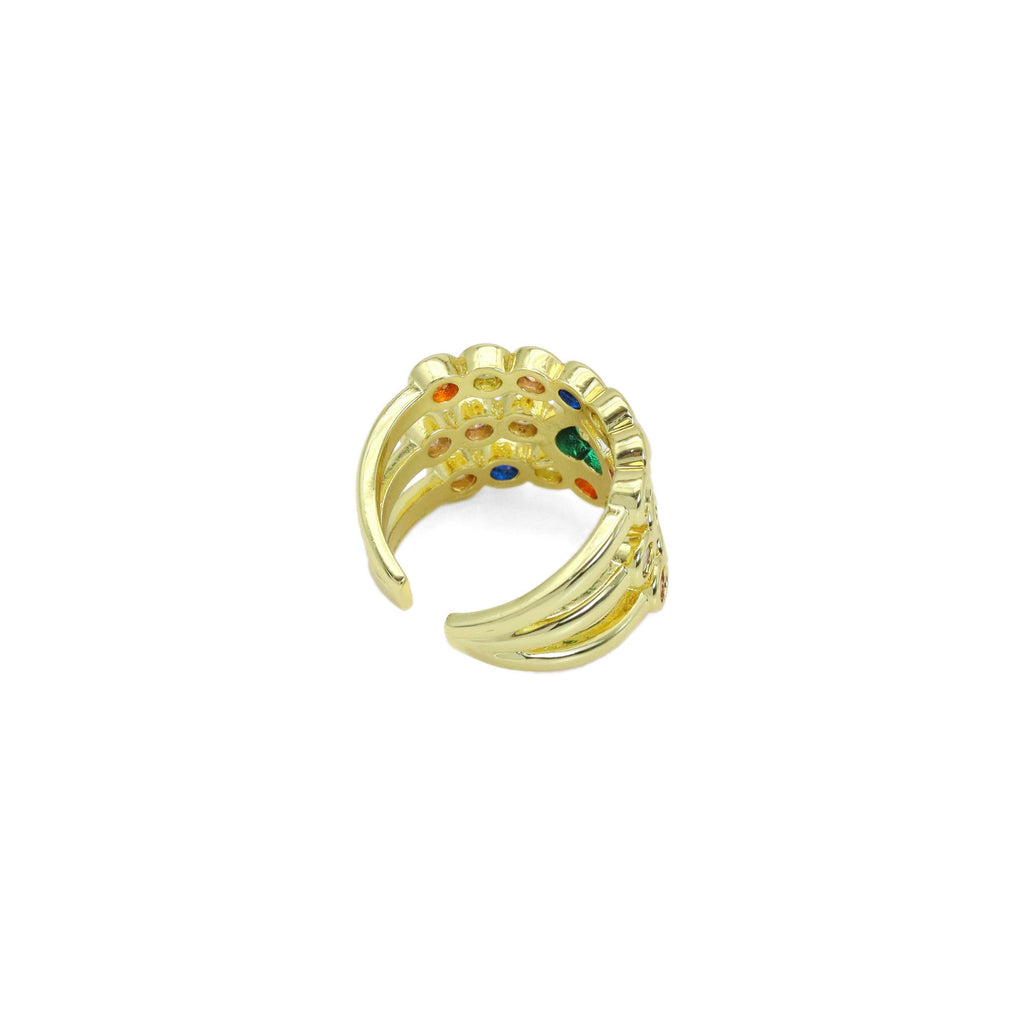 Colorful CZ Green Heart Multiline Gold Adjustable Ring, Sku#Z1480