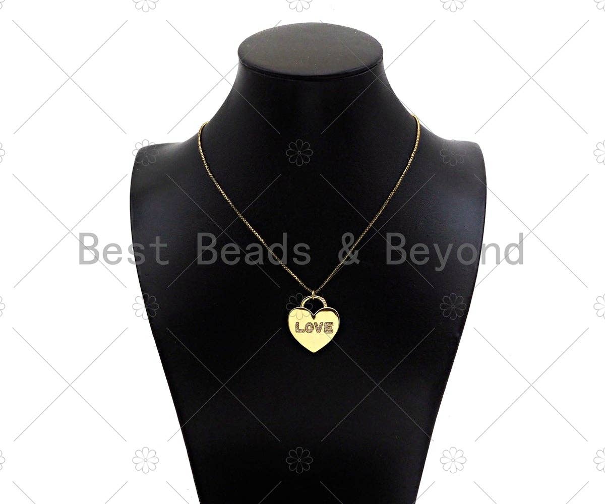 CZ Micro Pave Love Word On Heart Lock Shape Pendant/Charm, 18K Gold Filled Heart Charm, Necklace Bracelet Charm Pendant,25x28mm,Sku#LD104
