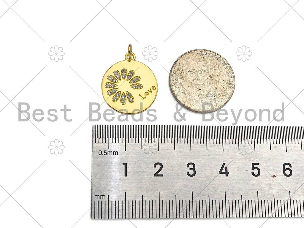 Gold Filled CZ Micro Pave Daisy Flower On Coin Shape Pendant,18K Gold Filled Lover Word Charm, Necklace Bracelet Charm,18x20mm,Sku#LK339