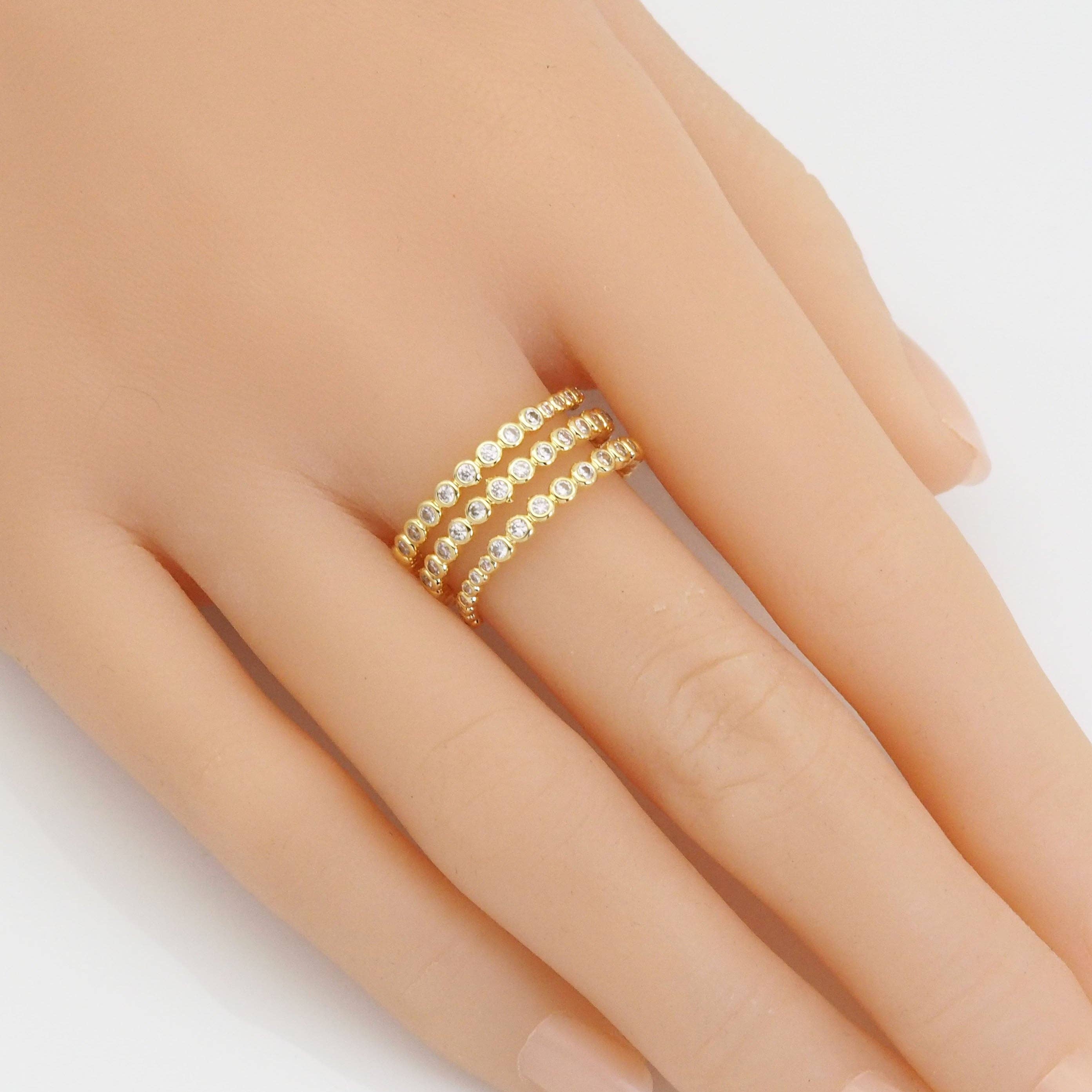 Gold Silver CZ Three Lines Wrap Adjustable Ring, Sku#LX377