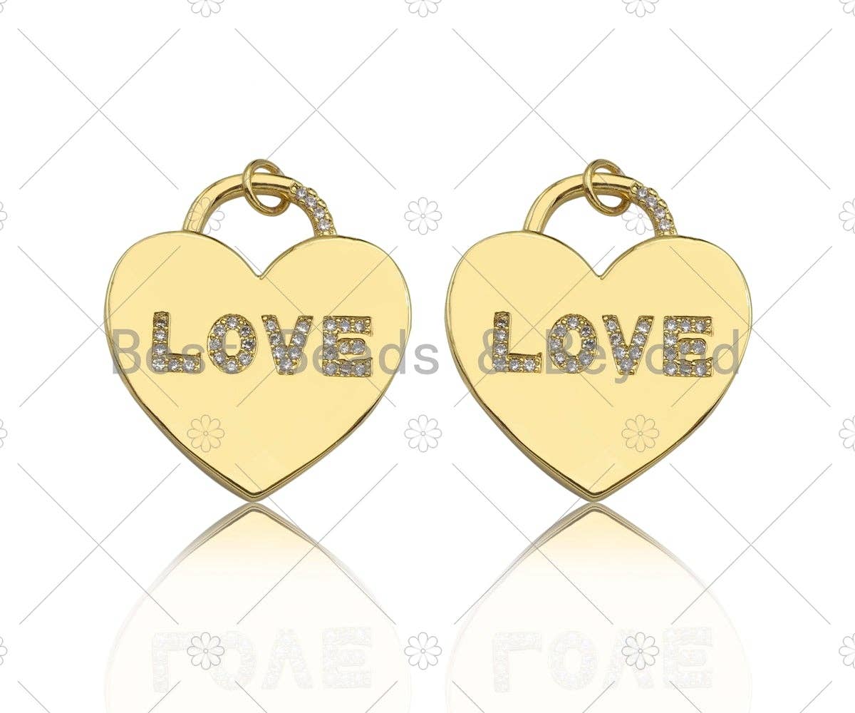 CZ Micro Pave Love Word On Heart Lock Shape Pendant/Charm, 18K Gold Filled Heart Charm, Necklace Bracelet Charm Pendant,25x28mm,Sku#LD104