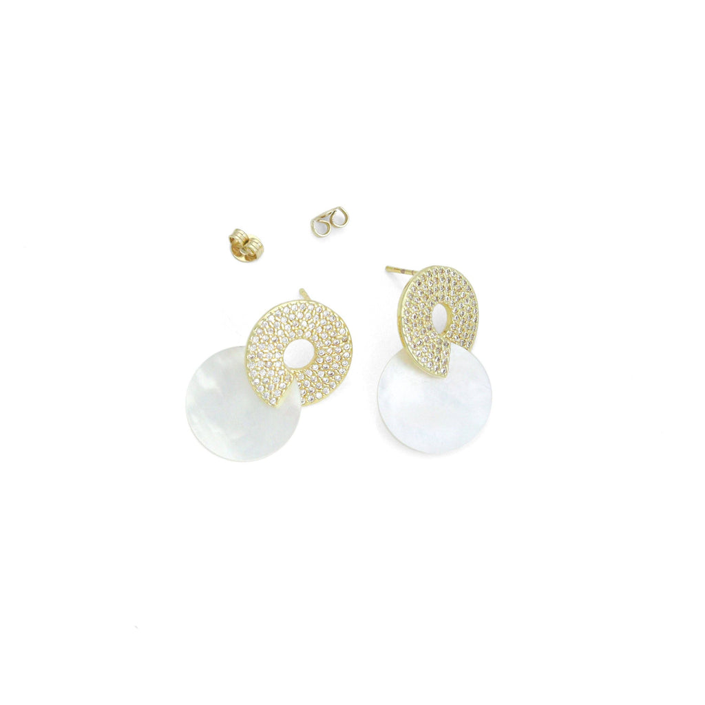 Gold Silver Mother of Pearl Double Circle Stud Earrings, Sku#LX827