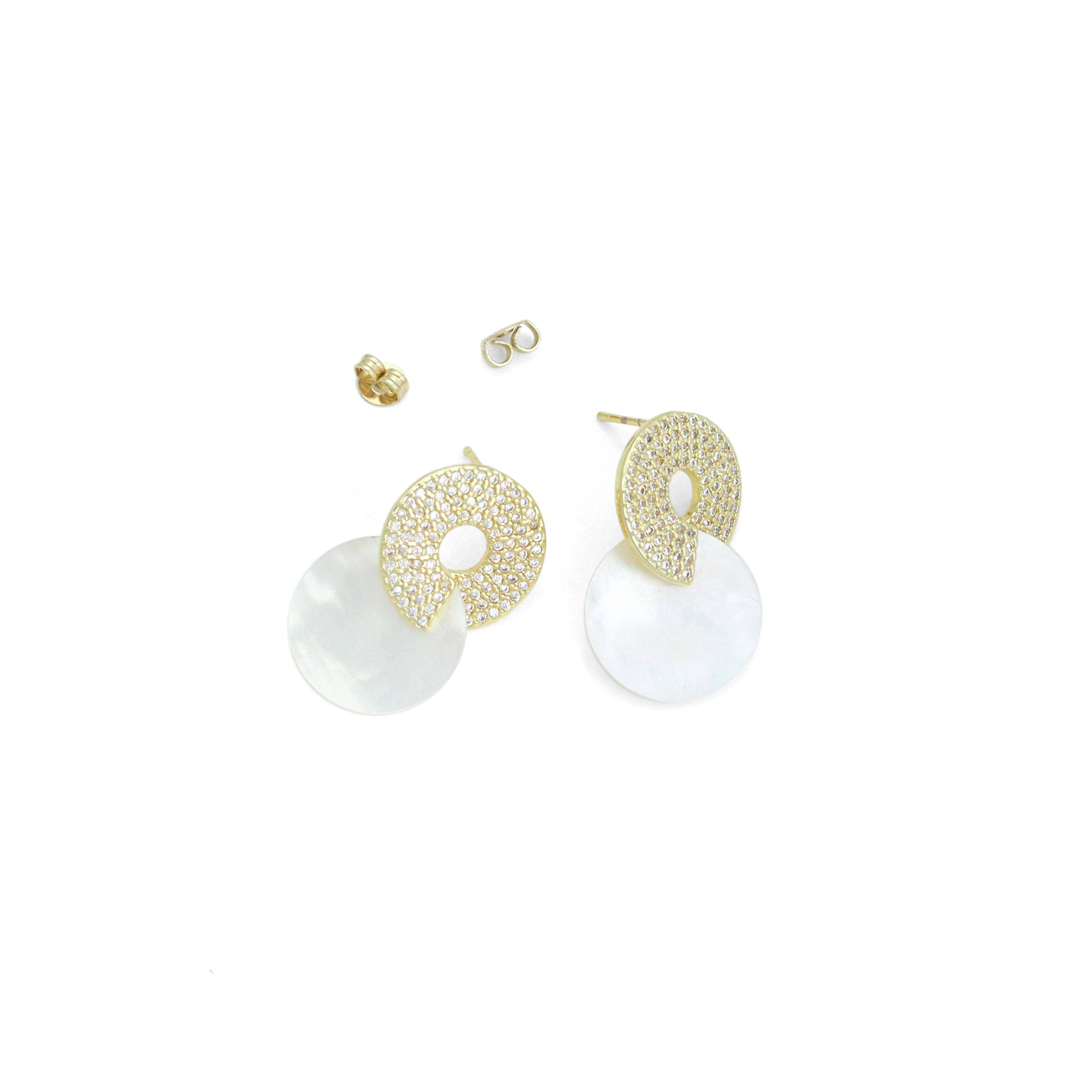 Gold Silver Mother of Pearl Double Circle Stud Earrings, Sku#LX827
