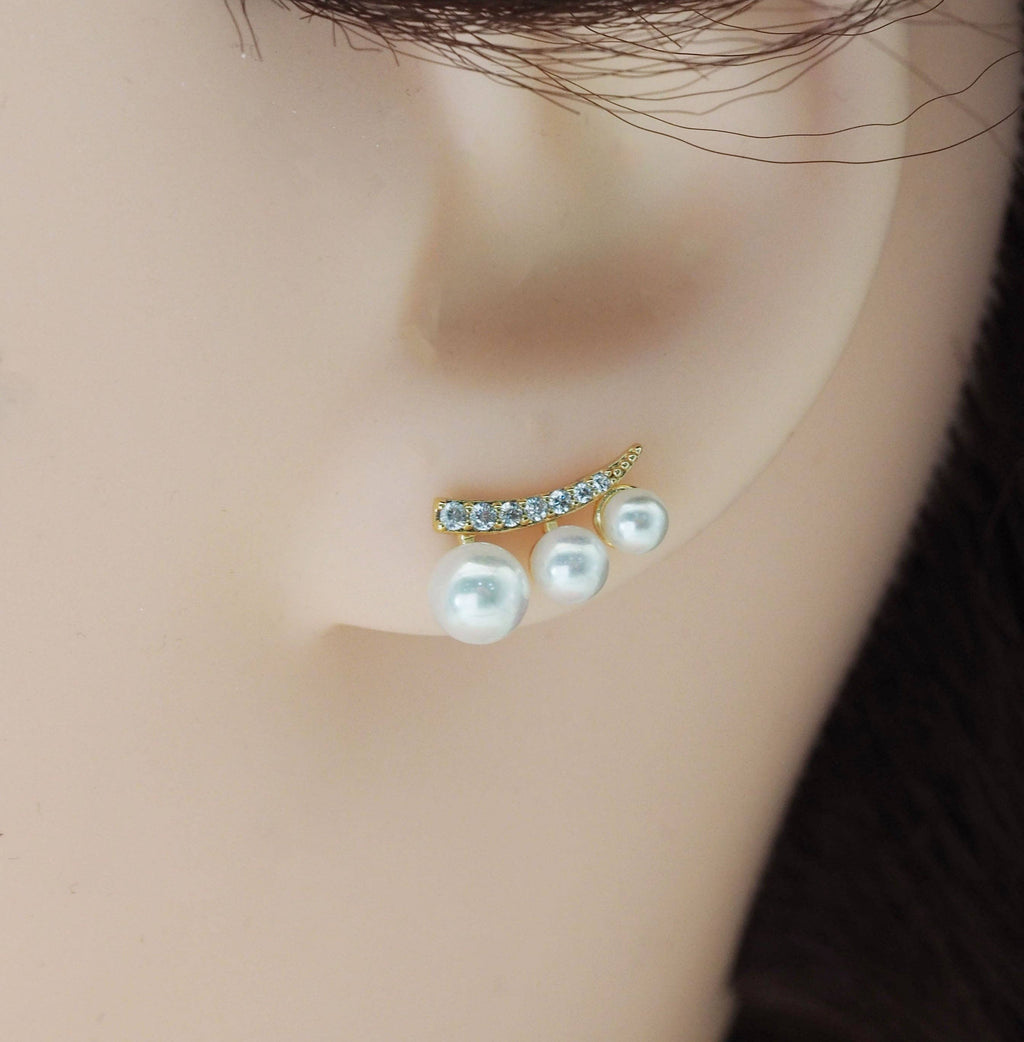 Gold CZ Pearl Stud Earrings, Triple Pearl Earrings, Sku#ZX106