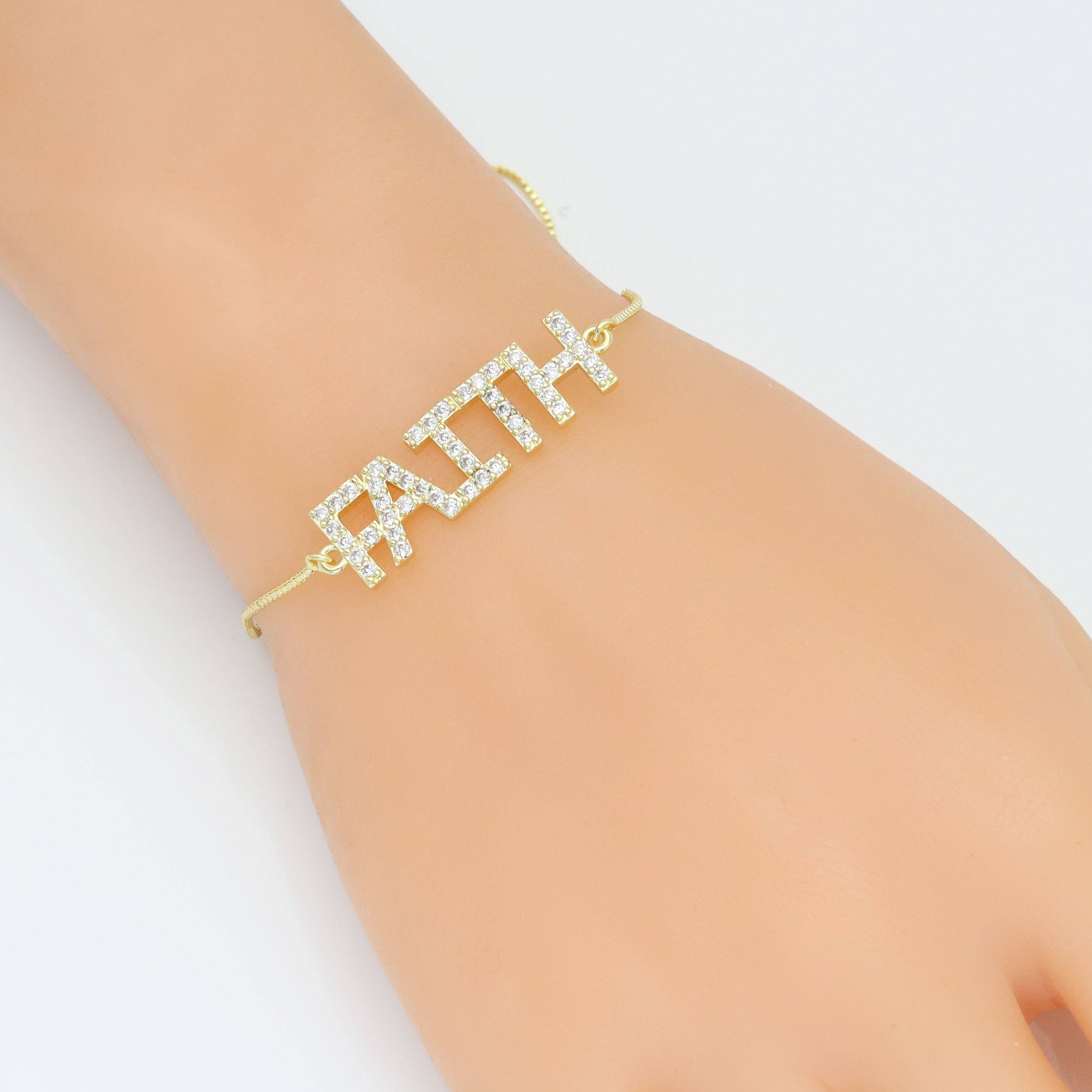 Gold Clear CZ Faith Word Connector Charm Pendant, Sku#A358