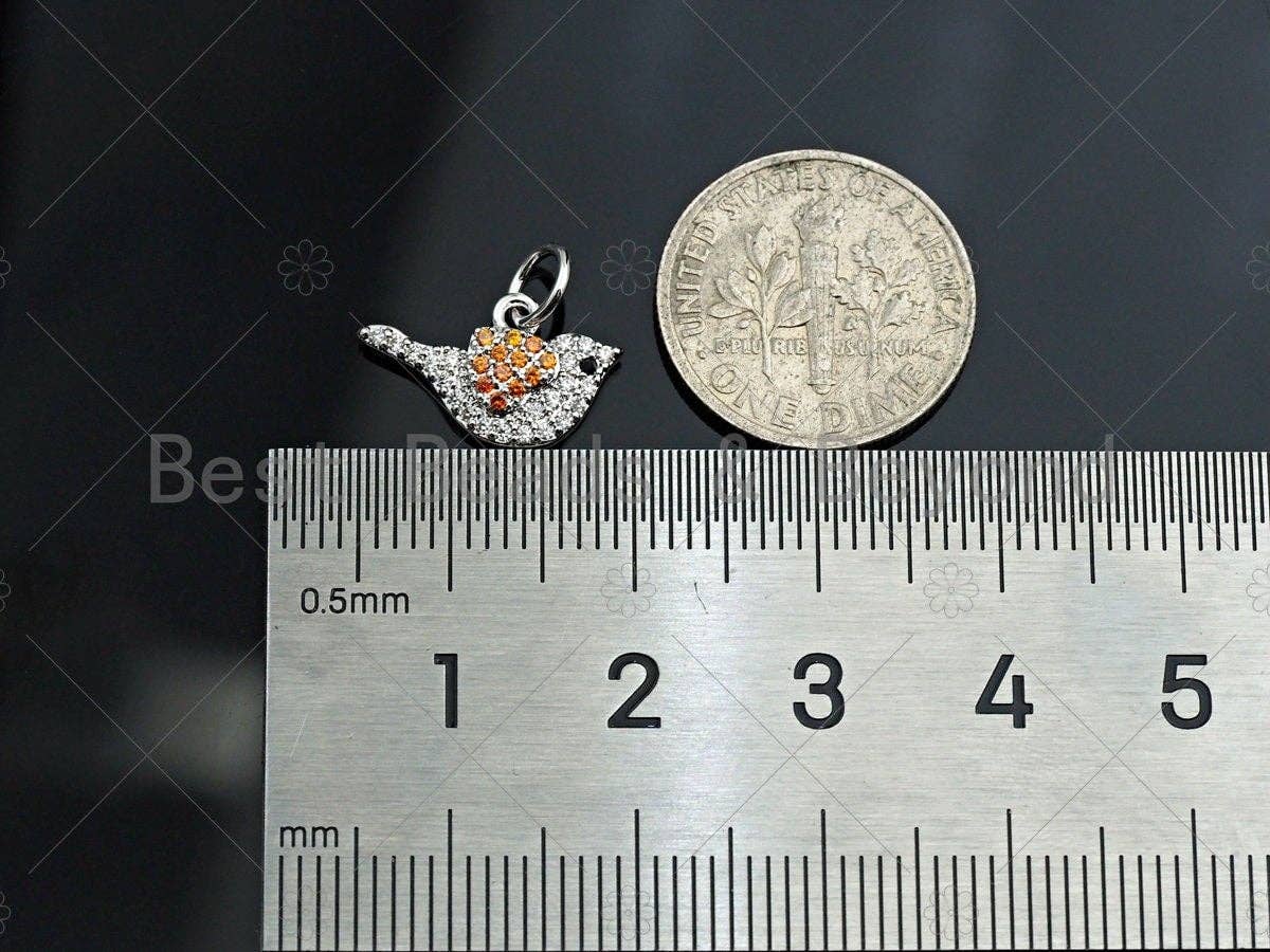 Cute CZ Micro Pave Little Bird With Heart Shape Charm, Bird Cubic Zirconia Pendant, Silver/Gold/Rose Gold, Animal Charm, 9x15mm, Sku#Y266